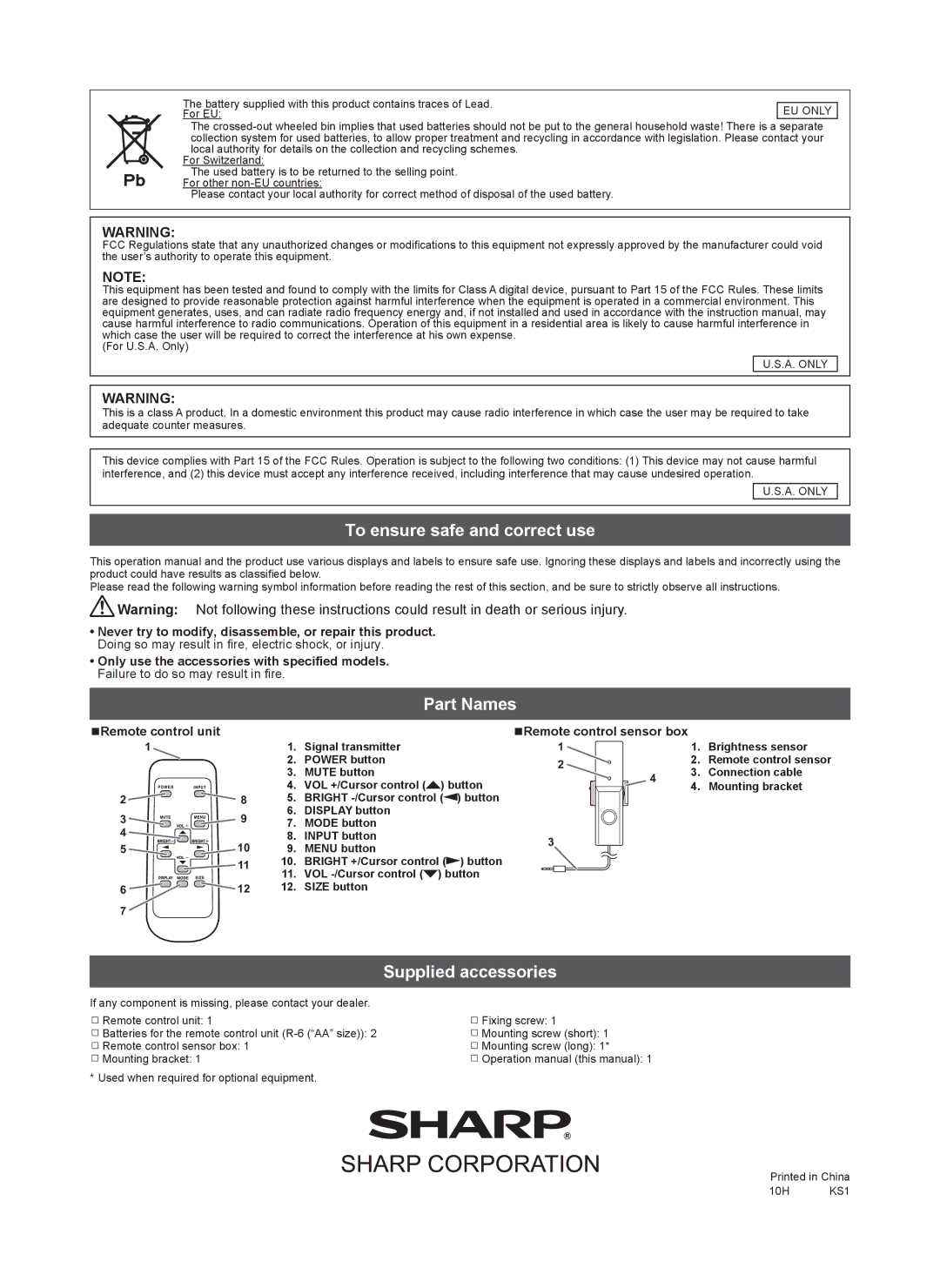 Sharp PN-ZR01 operation manual To ensure safe and correct use, Part Names, Supplied accessories 