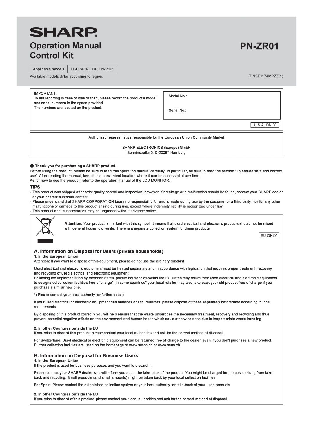 Sharp PN-ZR01 operation manual Control Kit, Tips, B. Information on Disposal for Business Users 