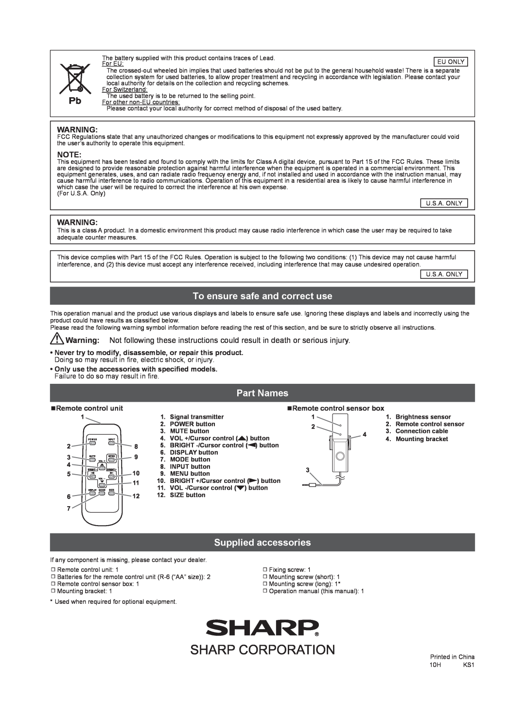 Sharp PN-ZR01 operation manual To ensure safe and correct use, Part Names, Supplied accessories, nRemote control unit 