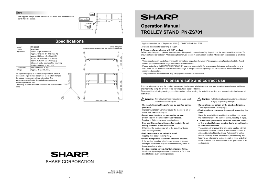 Sharp operation manual Specifications, To ensure safe and correct use, Operation Manual TROLLEY STAND PN-ZS701 
