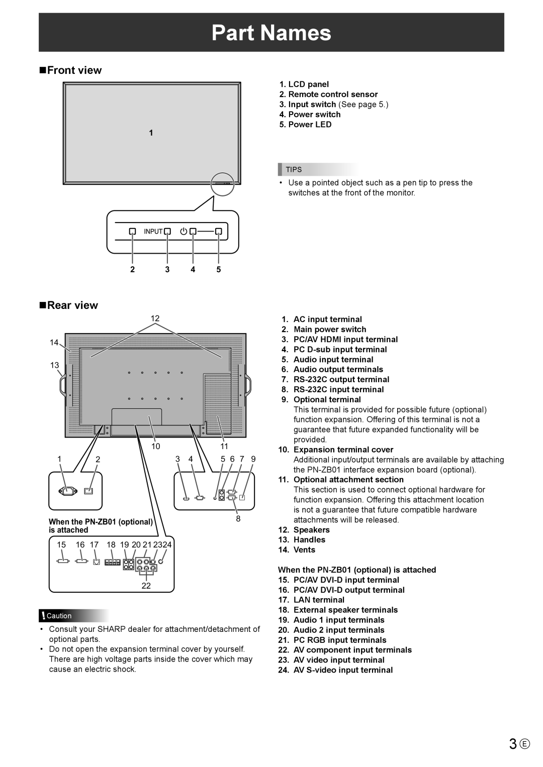 Sharp PNE601, PNE521P manual Part Names, NFront view, NRear view 