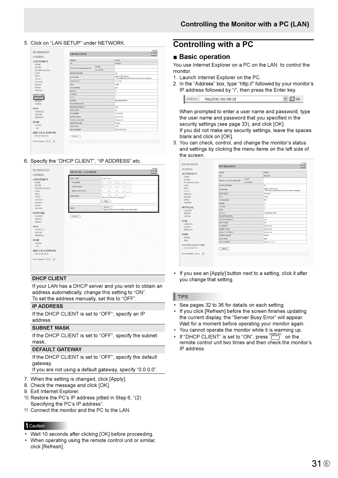 Sharp PNE601, PNE521P manual 31 E, Controlling with a PC, Controlling the Monitor with a PC LAN, Basic operation 