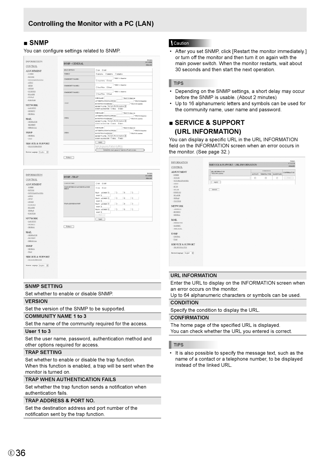 Sharp PNE521P Snmp Setting, Version, Trap Setting, Trap When Authentication Fails, Trap Address & Port no, URL Information 