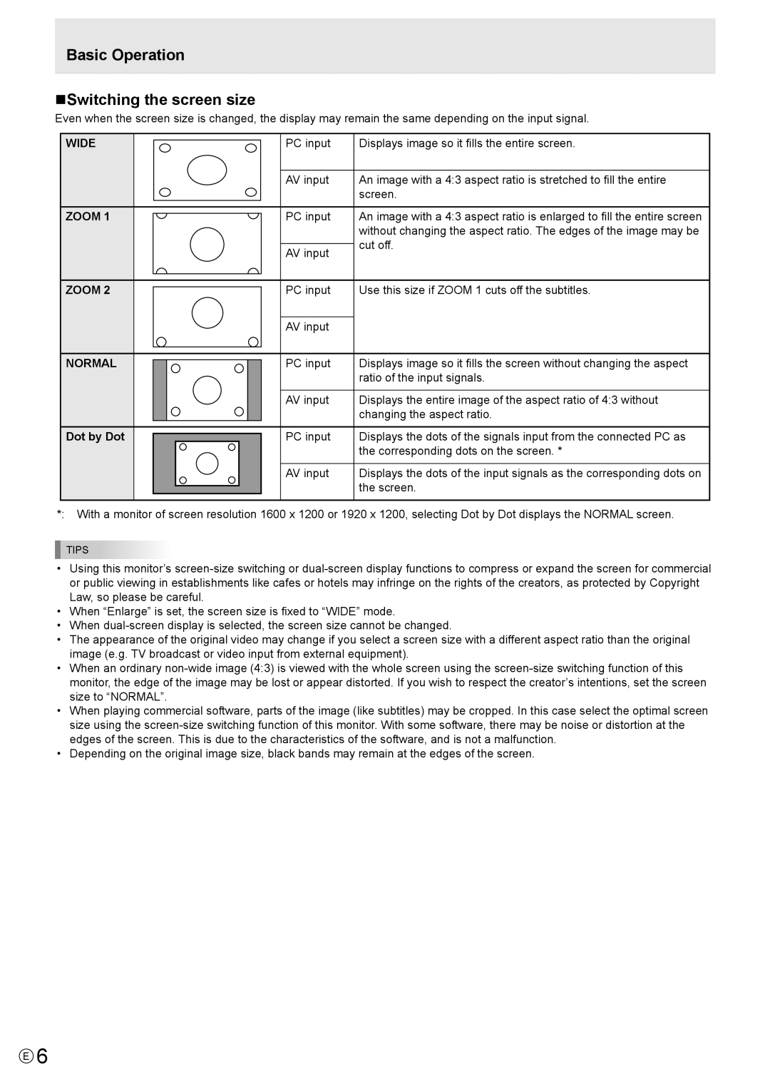 Sharp PNE521P, PNE601 manual Basic Operation NSwitching the screen size, Wide Zoom Normal, Dot by Dot, Cut off 