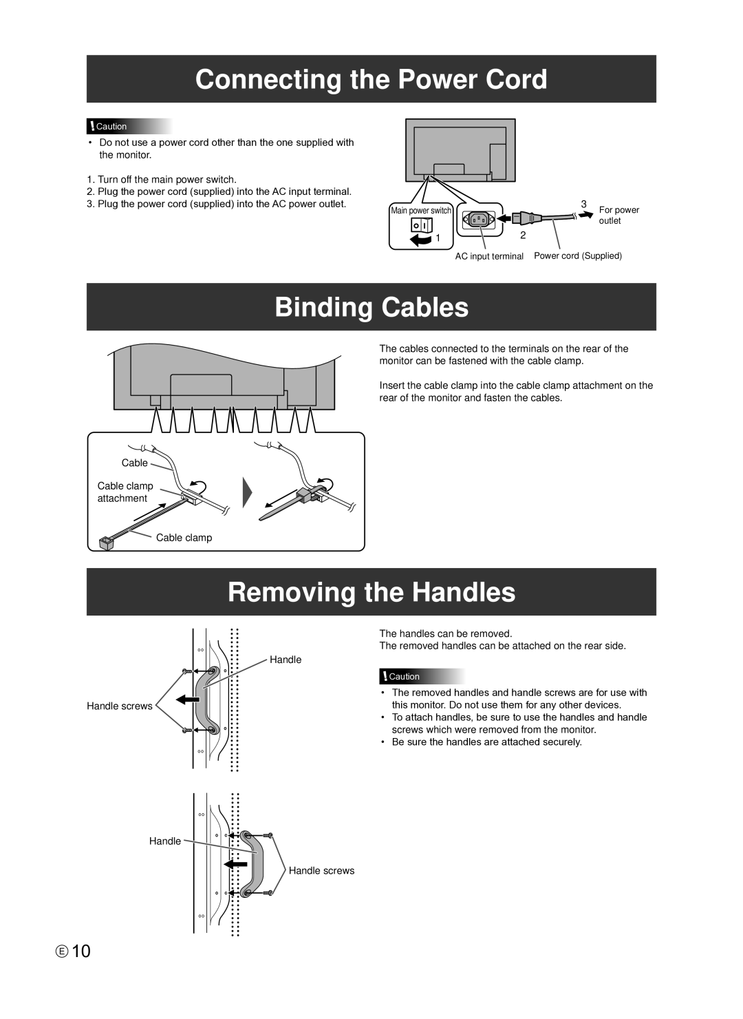 Sharp PNE601P, PN-E601, TINSE1145MPZZ(1), PN-E521 Connecting the Power Cord, Binding Cables, Removing the Handles 