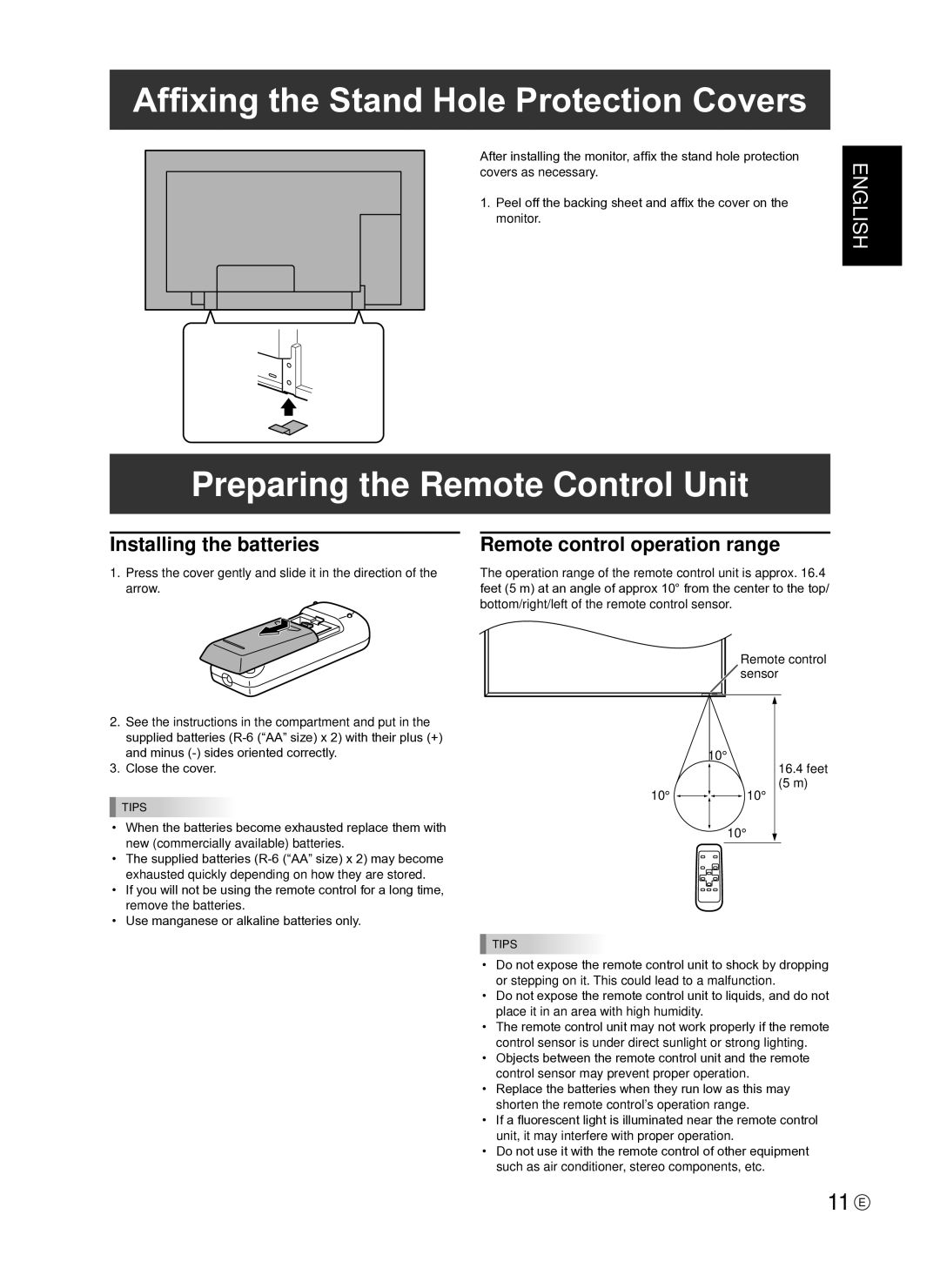 Sharp PN-E601 Affixing the Stand Hole Protection Covers, Preparing the Remote Control Unit, Installing the batteries 