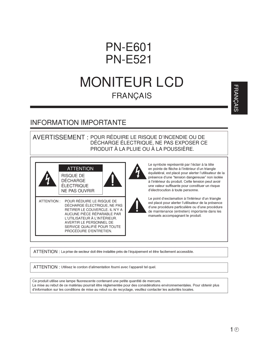 Sharp PN-E521, PNE601P, PN-E601, TINSE1145MPZZ(1) operation manual Moniteur LCD, Information Importante 