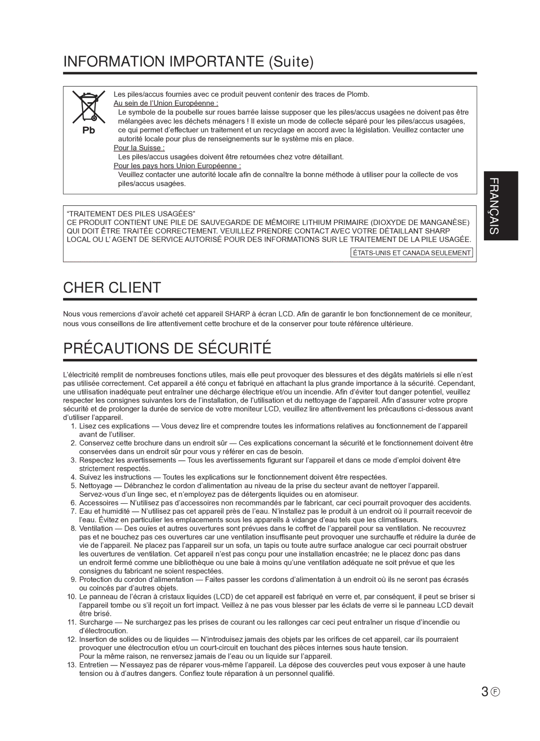 Sharp PN-E601, PNE601P, TINSE1145MPZZ(1), PN-E521 operation manual Cher Client, Précautions DE Sécurité 