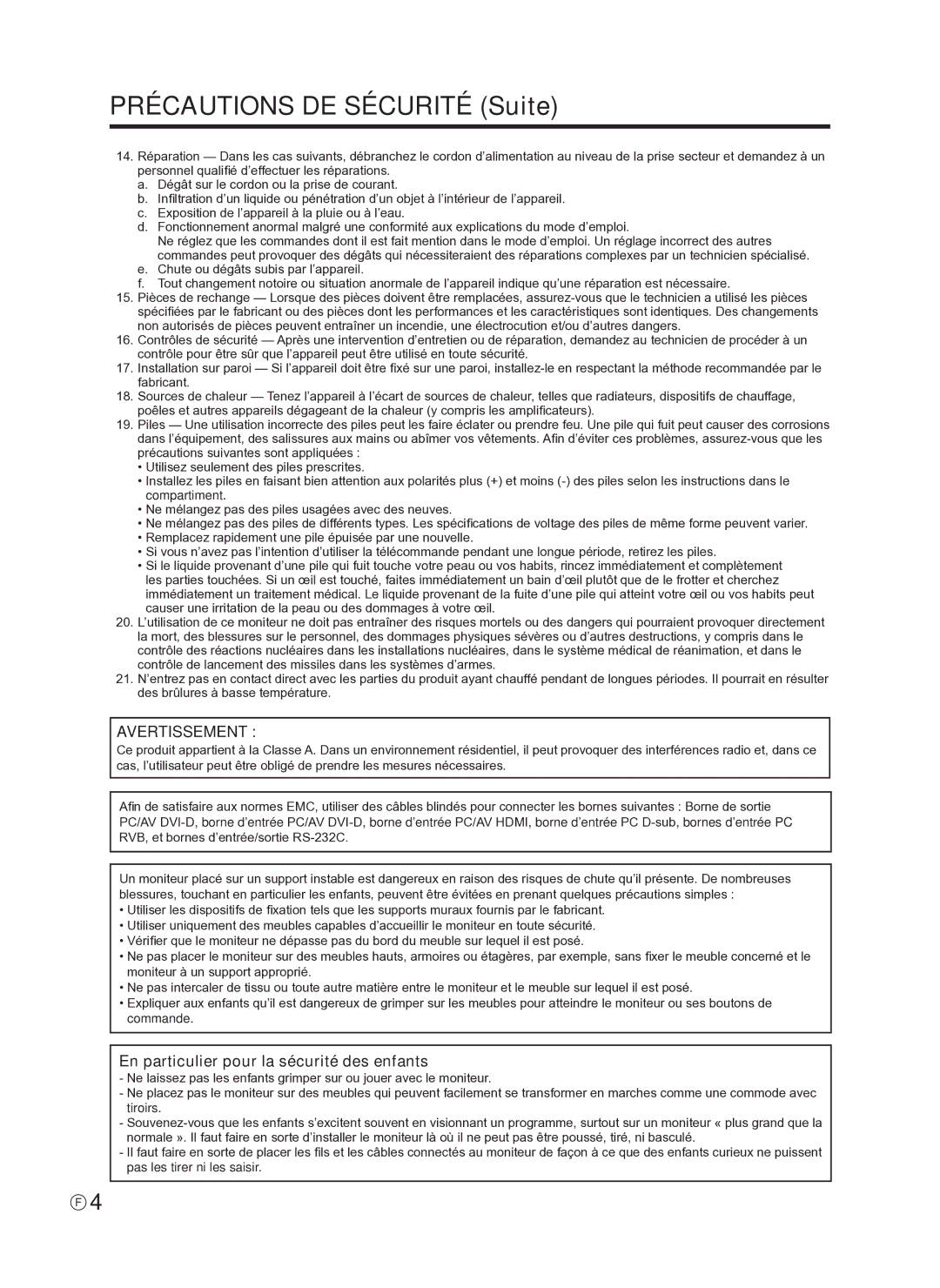 Sharp TINSE1145MPZZ(1), PNE601P, PN-E601, PN-E521 Précautions DE Sécurité Suite, En particulier pour la sécurité des enfants 