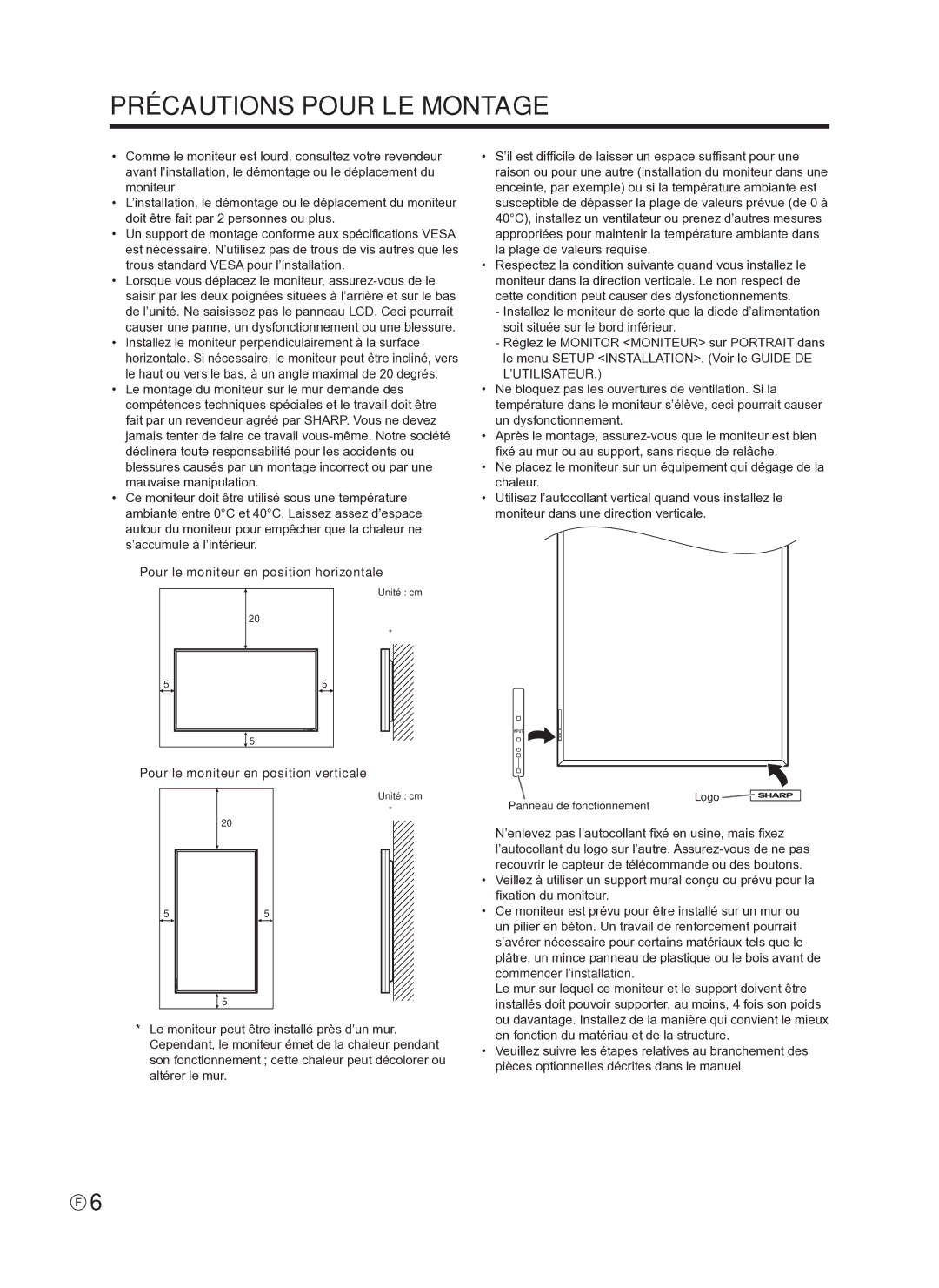 Sharp PNE601P, PN-E601, TINSE1145MPZZ(1), PN-E521 Précautions Pour LE Montage, Pour le moniteur en position horizontale 