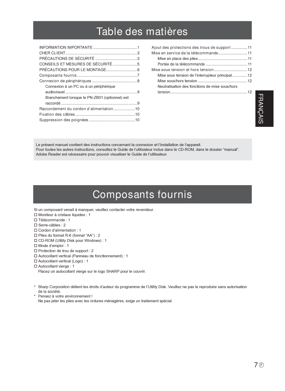 Sharp PN-E601, PNE601P, TINSE1145MPZZ(1), PN-E521 operation manual Table des matières, Composants fournis 