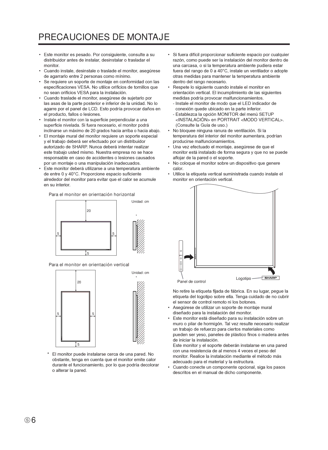 Sharp PNE601P Precauciones DE Montaje, Para el monitor en orientación horizontal, Para el monitor en orientación vertical 