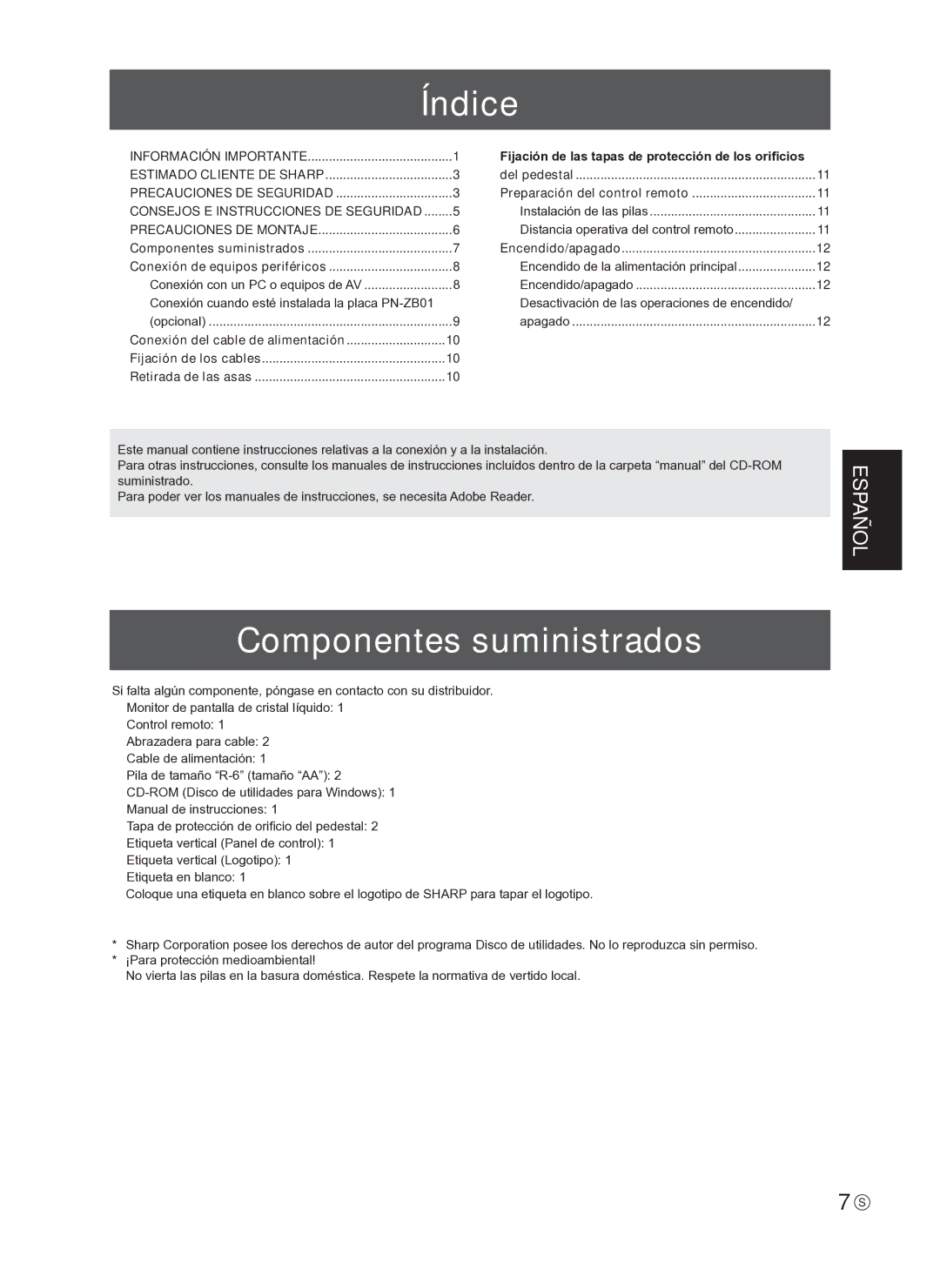 Sharp PN-E601, PNE601P, TINSE1145MPZZ(1), PN-E521 operation manual Índice, Componentes suministrados 