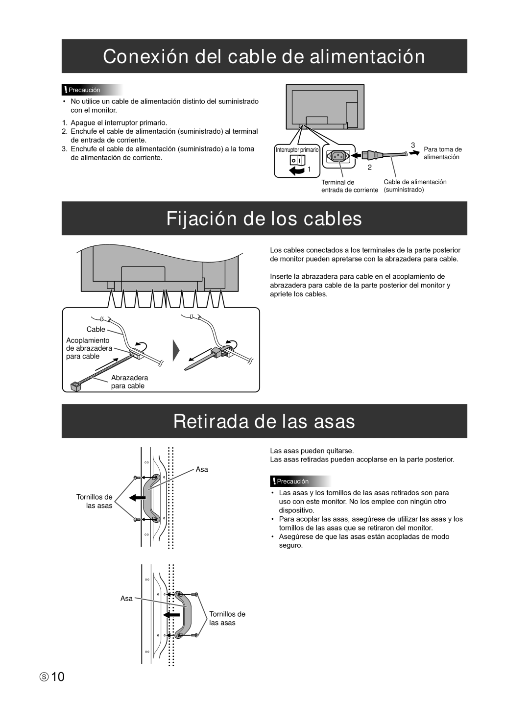 Sharp PNE601P, PN-E601, TINSE1145MPZZ(1) Conexión del cable de alimentación, Fijación de los cables, Retirada de las asas 