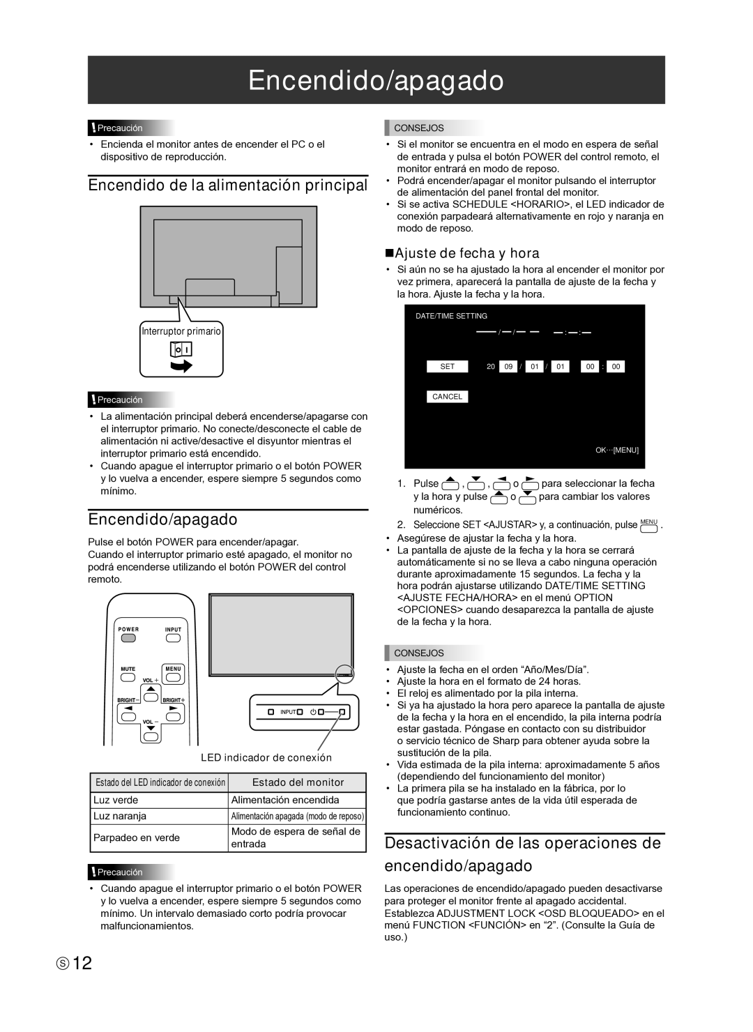 Sharp TINSE1145MPZZ(1) Encendido/apagado, Desactivación de las operaciones de encendido/apagado, NAjuste de fecha y hora 