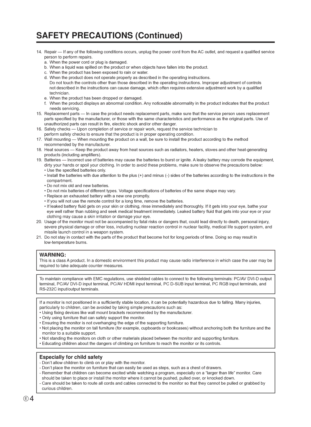 Sharp TINSE1145MPZZ(1), PNE601P, PN-E601, PN-E521 operation manual Safety Precautions, Especially for child safety 