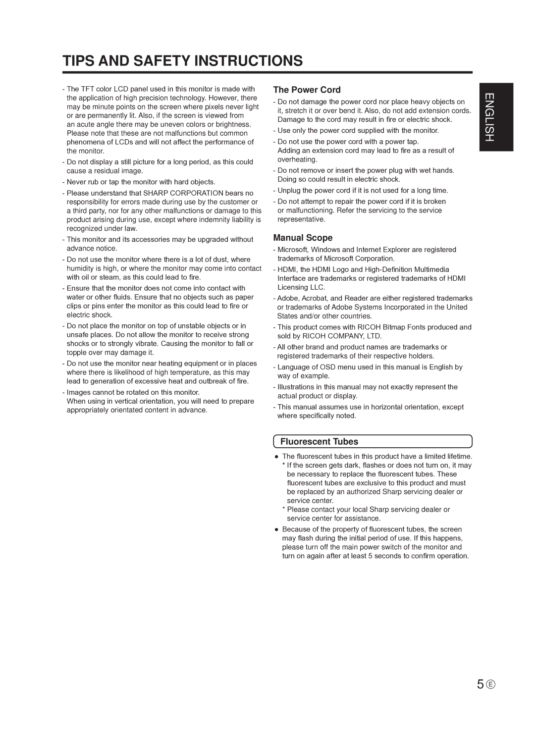 Sharp PN-E521, PNE601P, PN-E601, TINSE1145MPZZ(1) Tips and Safety Instructions, Power Cord, Manual Scope, Fluorescent Tubes 