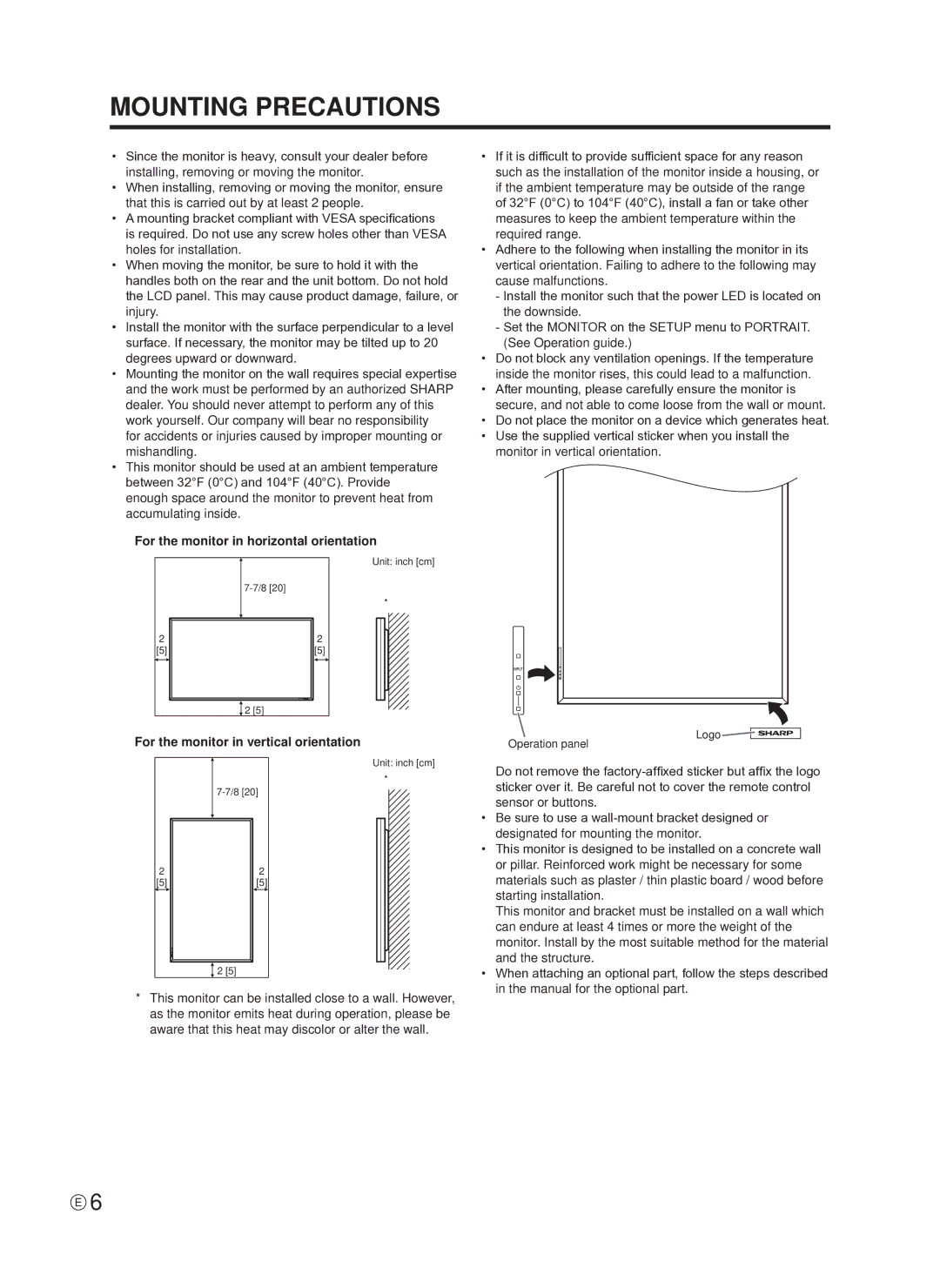 Sharp PNE601P Mounting Precautions, For the monitor in horizontal orientation, For the monitor in vertical orientation 