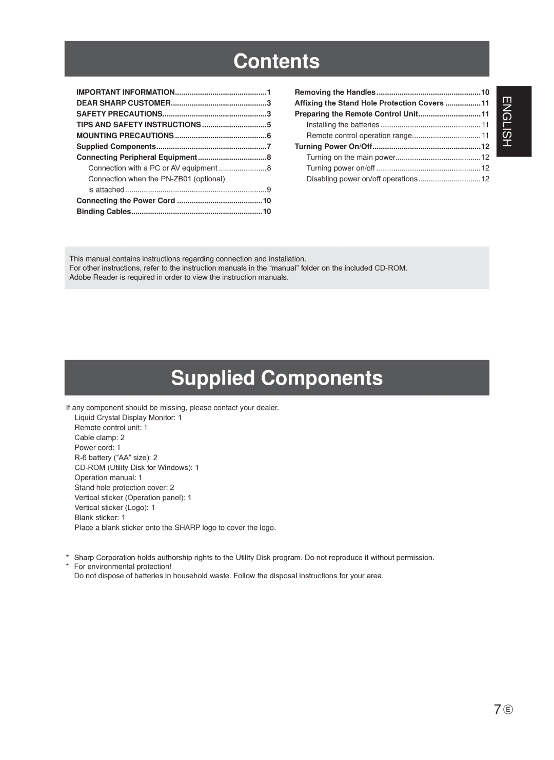 Sharp PN-E601, PNE601P, TINSE1145MPZZ(1), PN-E521 operation manual Contents, Supplied Components 