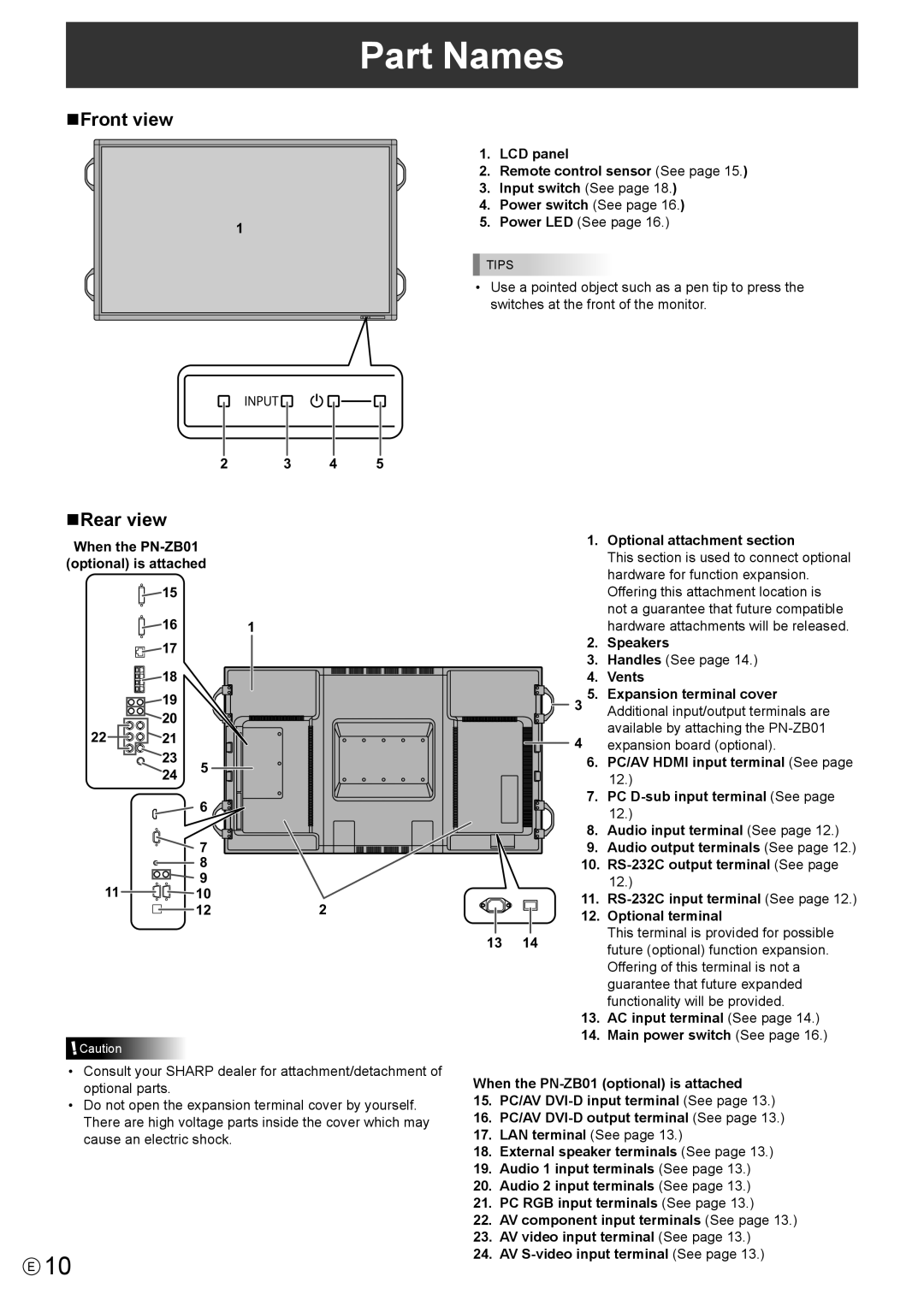 Sharp PNE702, PN-E702 operation manual Part Names, NFront view, NRear view 