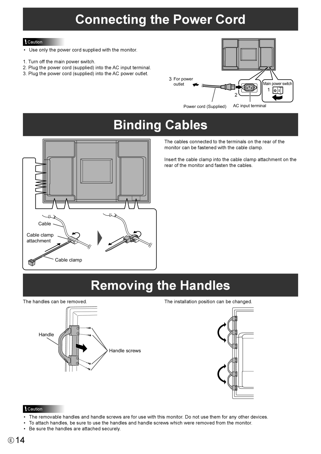 Sharp PNE702, PN-E702 Connecting the Power Cord, Binding Cables, Removing the Handles, Handles can be removed 