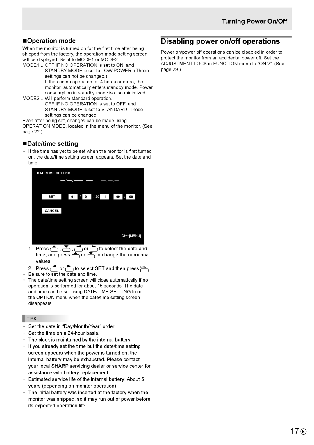 Sharp PN-E702, PNE702 17 E, Disabling power on/off operations, NOperation mode, NDate/time setting, Turning Power On/Off 