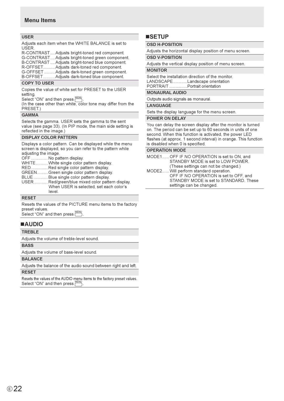 Sharp PNE702, PN-E702 operation manual Menu Items, Naudio, Nsetup 