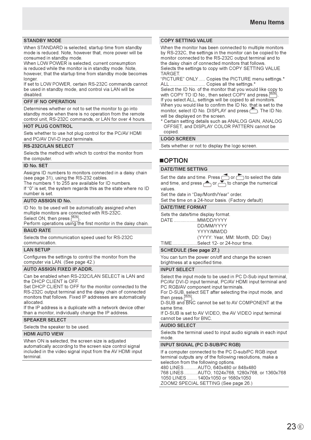 Sharp PN-E702, PNE702 operation manual 23 E, Noption 