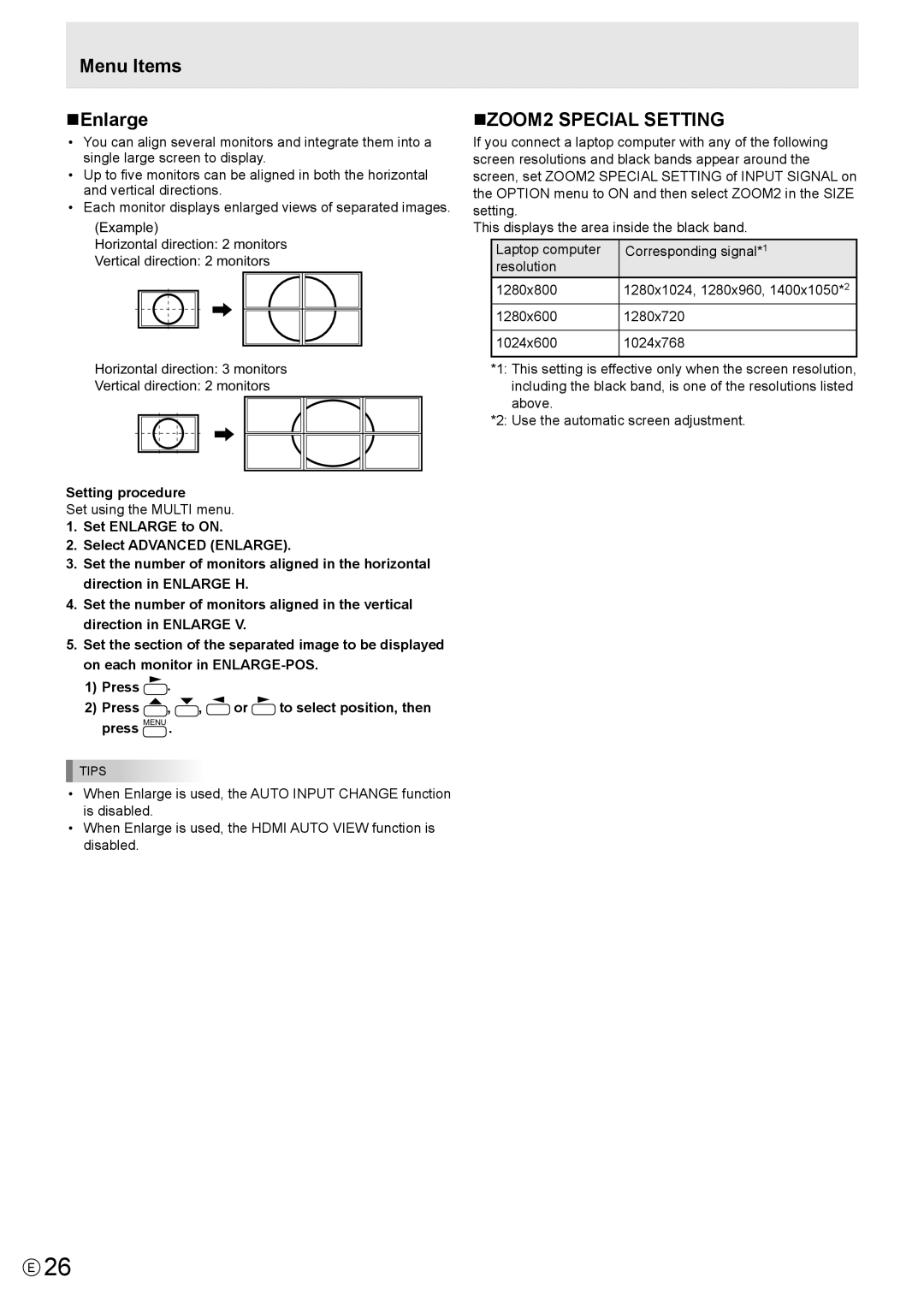 Sharp PNE702, PN-E702 Menu Items NEnlarge, NZOOM2 Special Setting, Setting procedure, Set using the Multi menu 