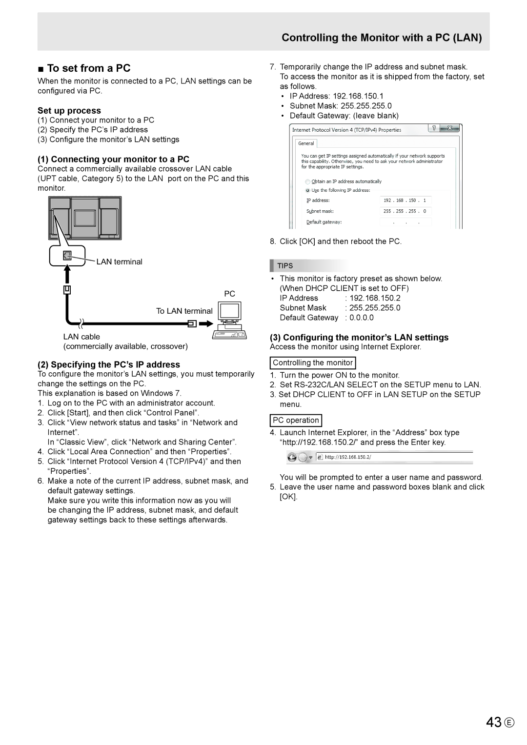 Sharp PN-E702, PNE702 operation manual 43 E, To set from a PC, Controlling the Monitor with a PC LAN, Default Gateway 0.0 