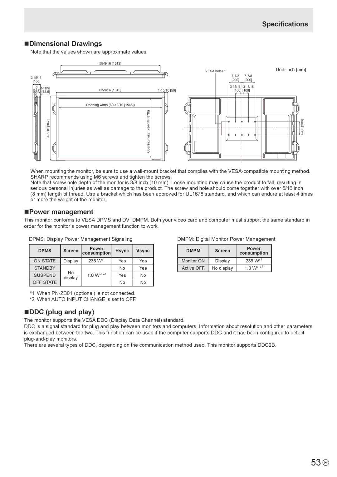 Sharp PN-E702, PNE702 operation manual 53 E, NDimensional Drawings Specifications, NPower management, NDDC plug and play 