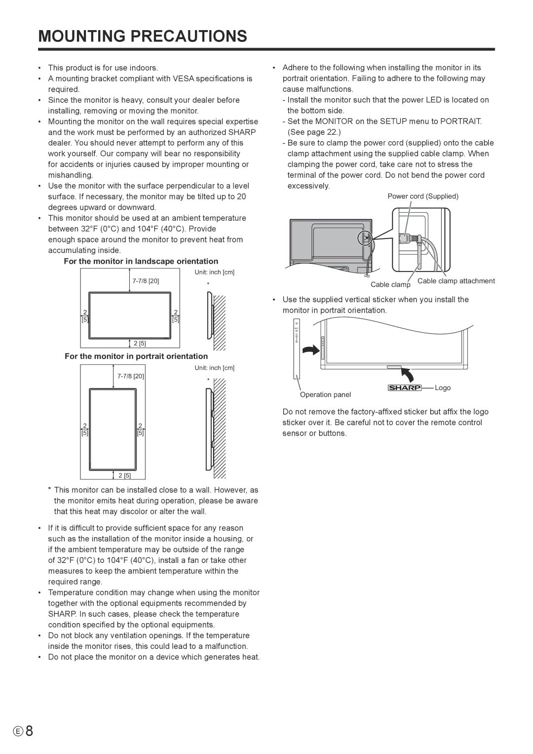 Sharp PNE702, PN-E702 operation manual For the monitor in landscape orientation, For the monitor in portrait orientation 