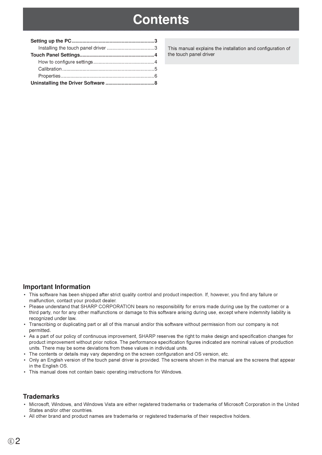 Sharp PNL601BPKG operation manual Contents 