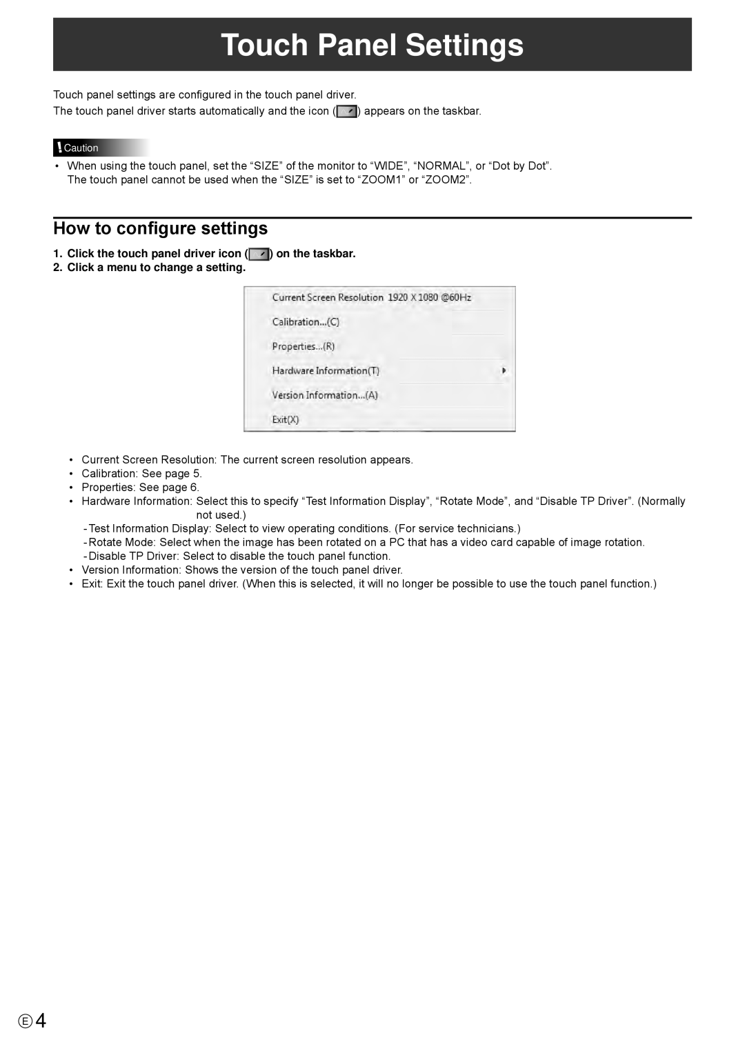 Sharp PNL601BPKG operation manual Touch Panel Settings, How to configure settings 