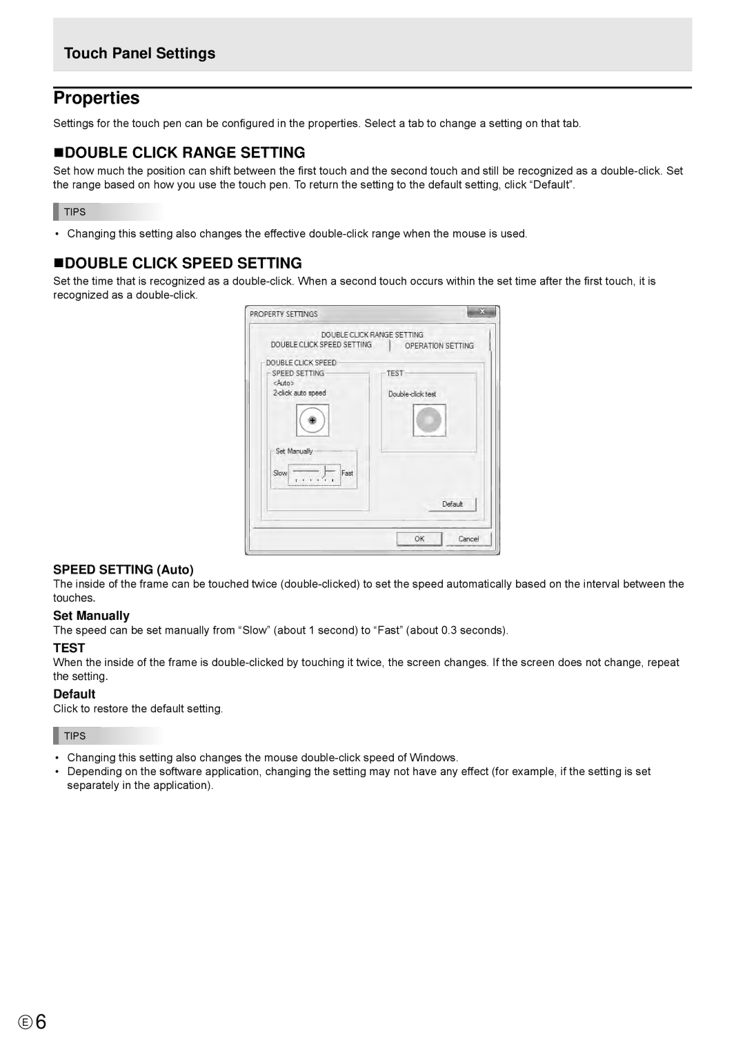 Sharp PNL601BPKG operation manual Properties, NDOUBLE Click Range Setting, NDOUBLE Click Speed Setting 