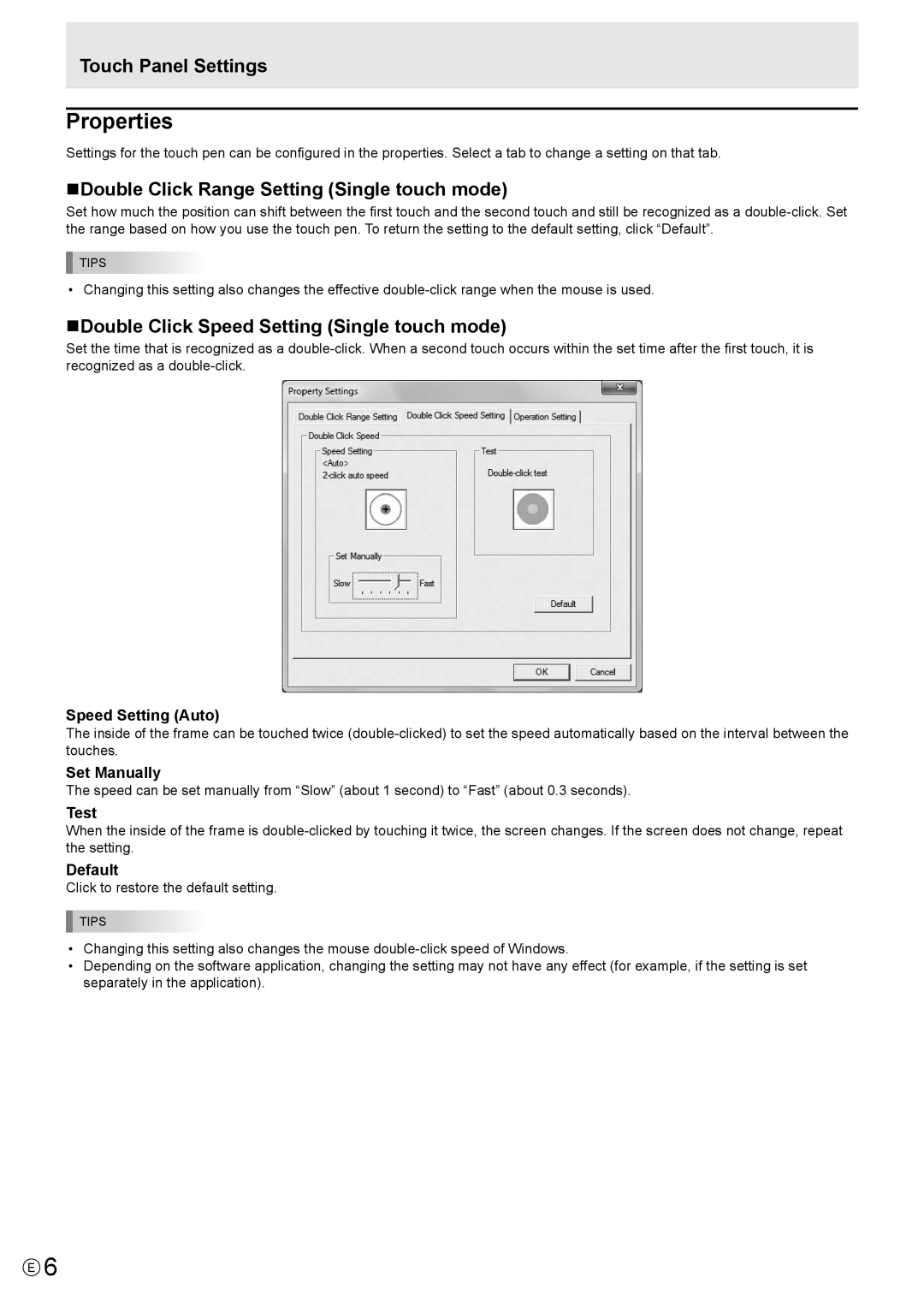 Sharp PNL802B Properties, nDouble Click Range Setting Single touch mode, nDouble Click Speed Setting Single touch mode 