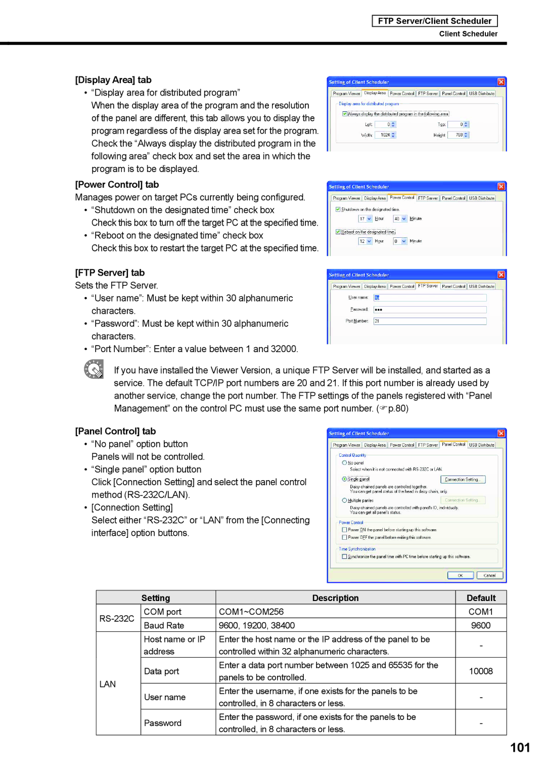 Sharp PNSV01 101, Display Area tab, Power Control tab, FTP Server tab Sets the FTP Server, Panel Control tab 