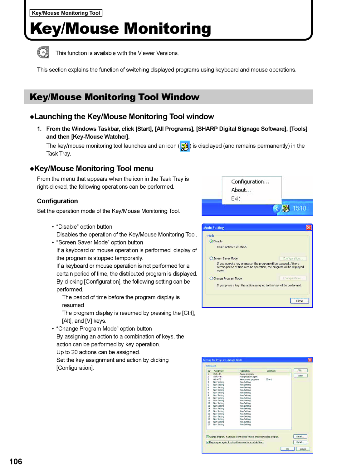 Sharp PNSV01 operation manual Key/Mouse Monitoring Tool Window, Launching the Key/Mouse Monitoring Tool window, 106 