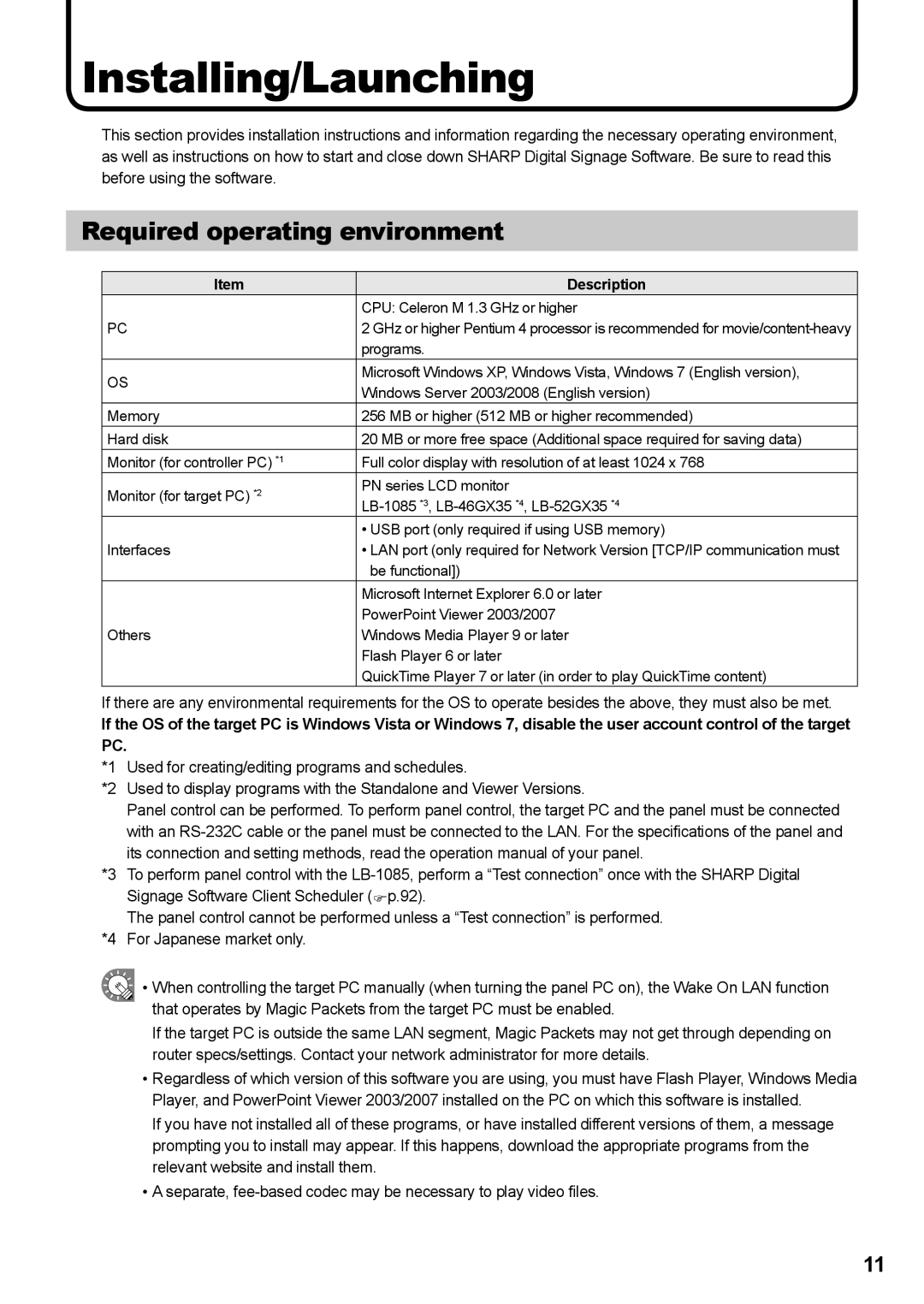 Sharp PNSV01 operation manual Installing/Launching, Required operating environment, Description 