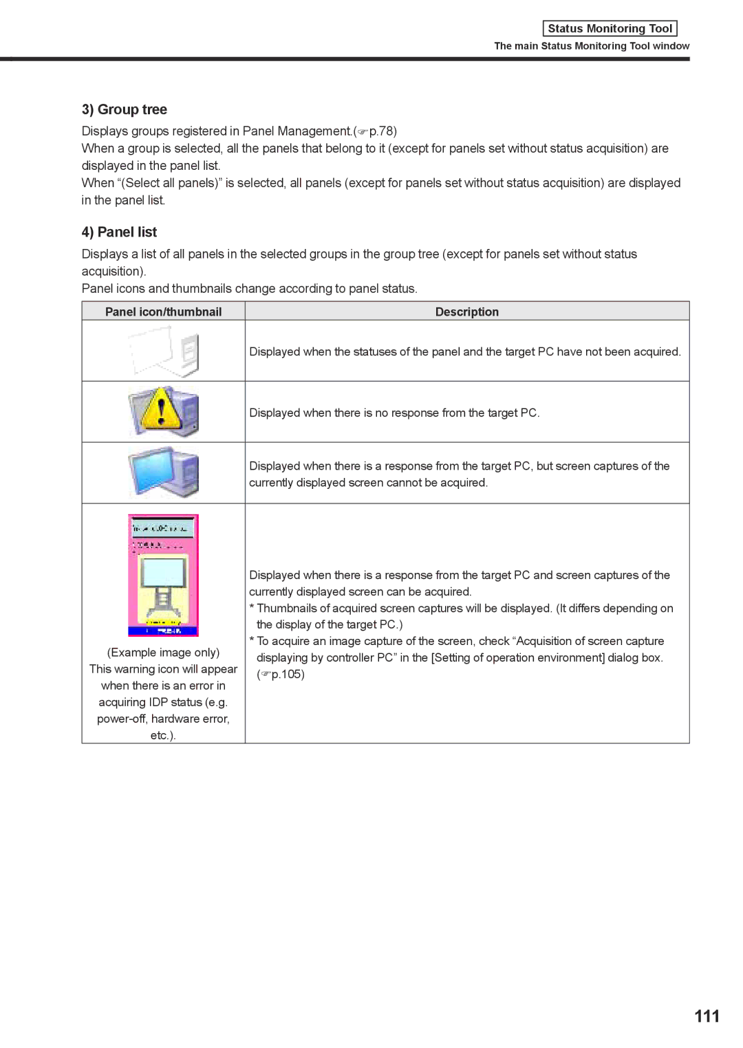 Sharp PNSV01 operation manual 111, Group tree, Panel list, Panel icon/thumbnail 