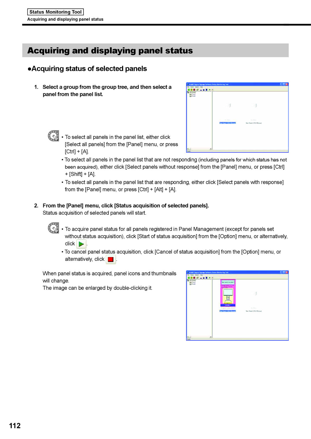 Sharp PNSV01 operation manual Acquiring and displaying panel status, Acquiring status of selected panels, 112 