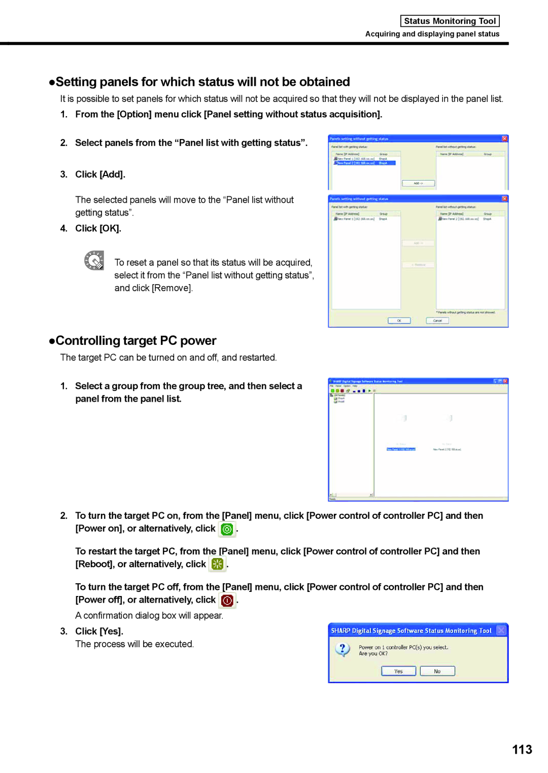 Sharp PNSV01 operation manual Setting panels for which status will not be obtained, Controlling target PC power, 113 