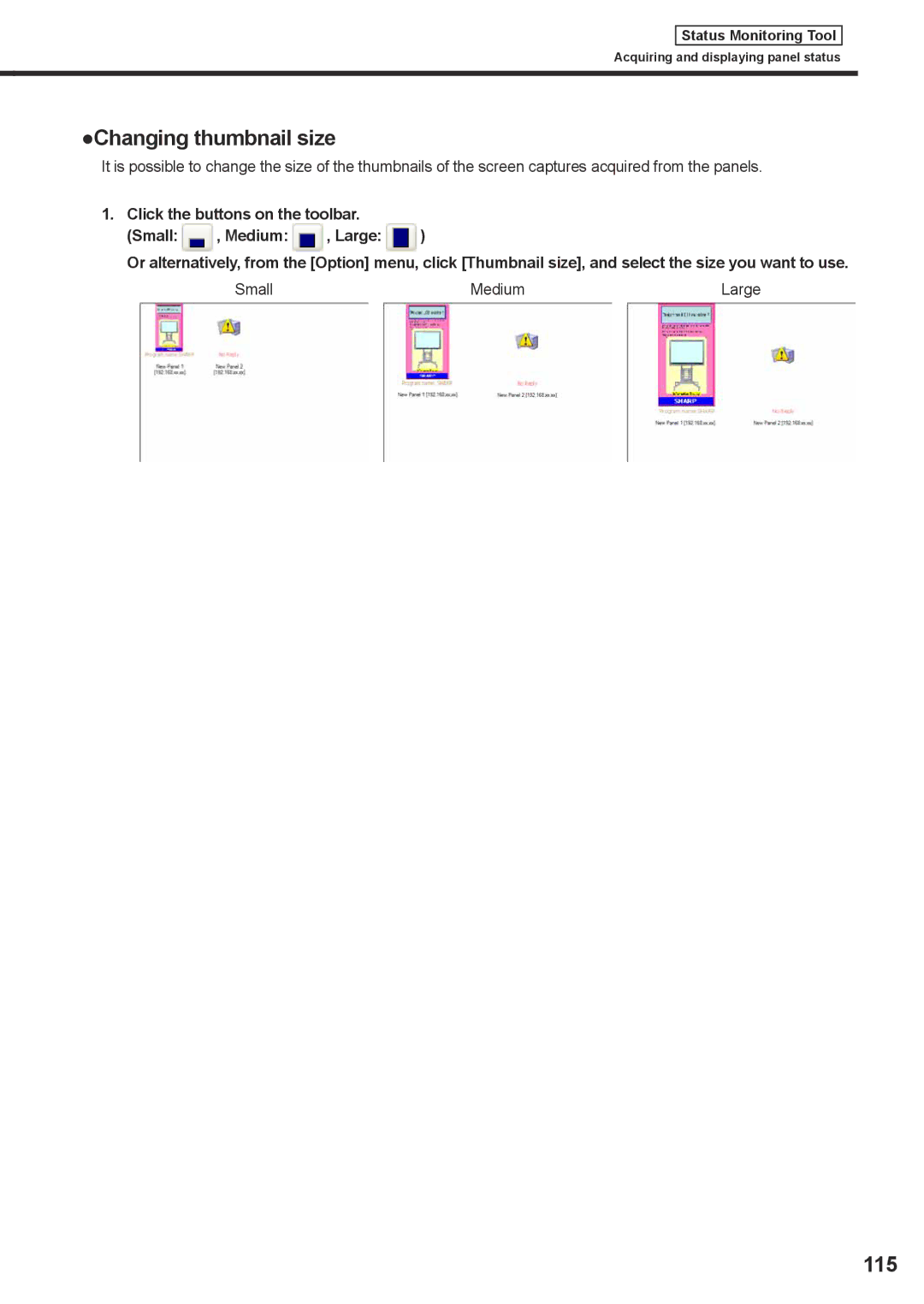 Sharp PNSV01 operation manual Changing thumbnail size, 115, Small Medium 