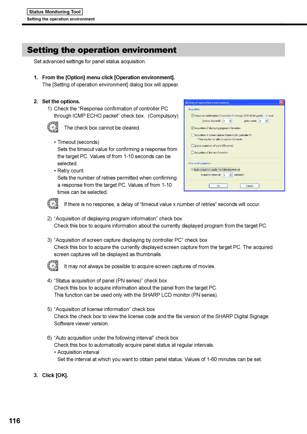 Sharp PNSV01 operation manual Setting the operation environment, 116, Set advanced settings for panel status acquisition 