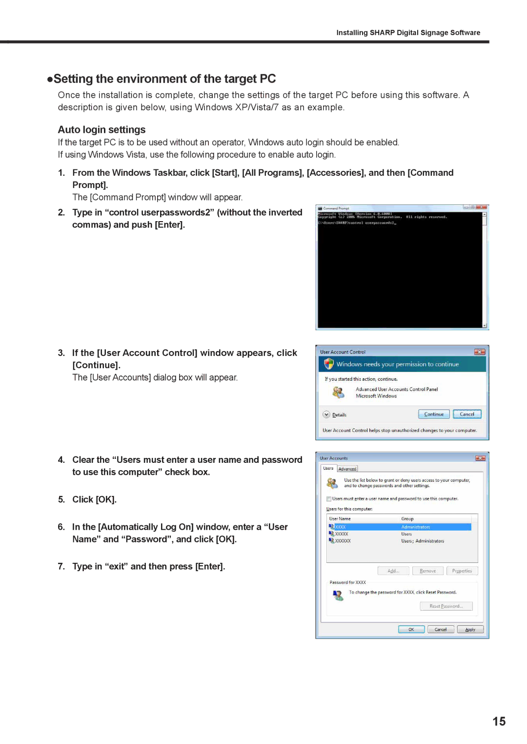 Sharp PNSV01 Setting the environment of the target PC, Auto login settings, Command Prompt window will appear 