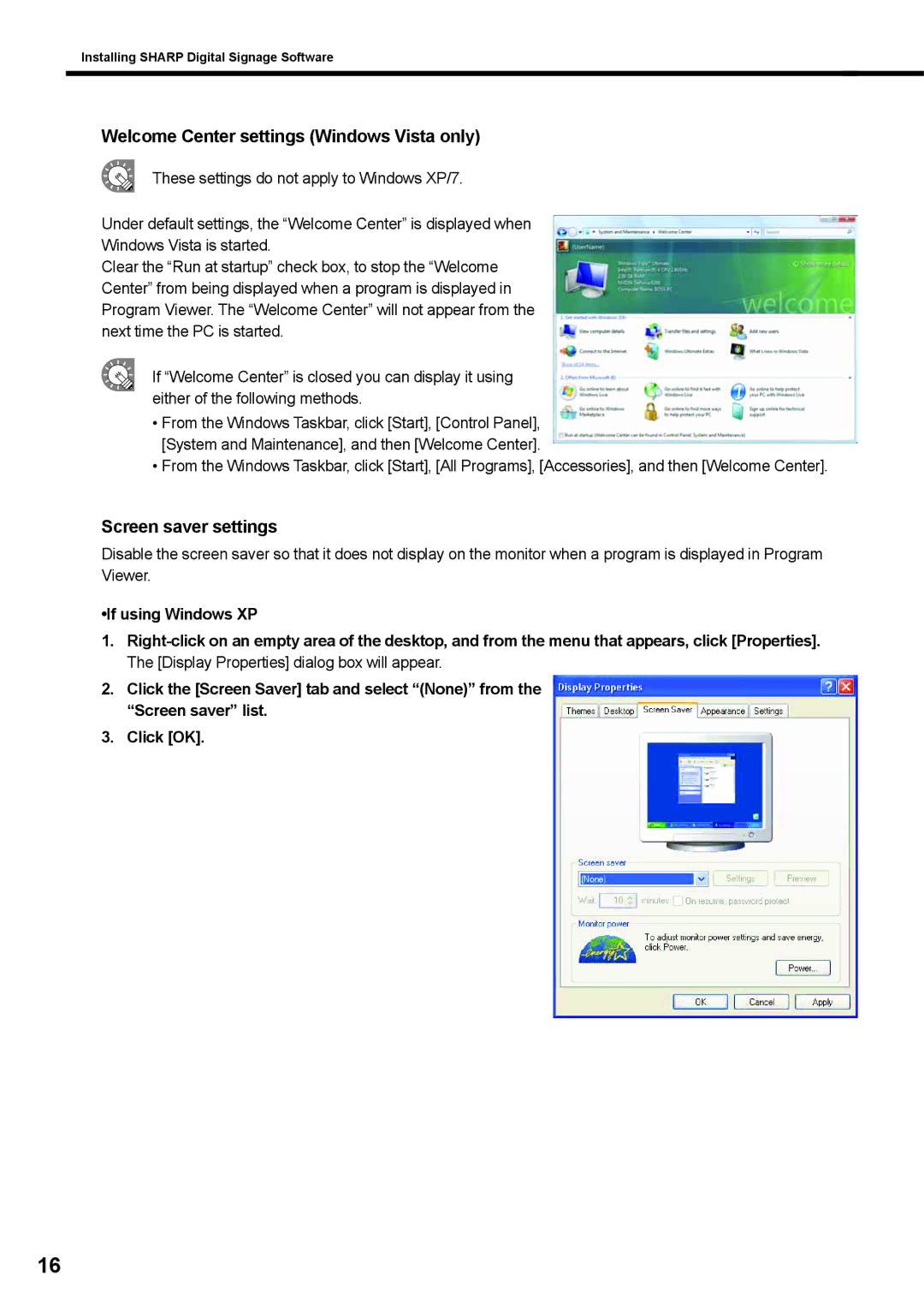 Sharp PNSV01 operation manual Welcome Center settings Windows Vista only, Screen saver settings 