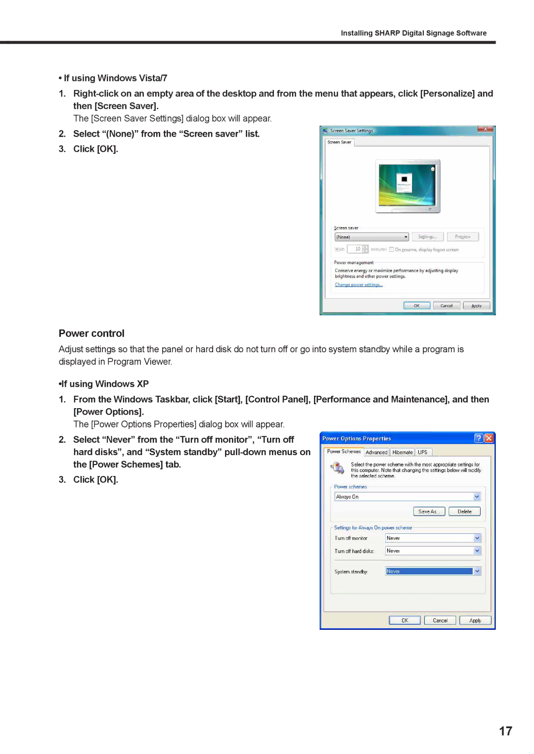 Sharp PNSV01 Power control, Screen Saver Settings dialog box will appear, Select None from the Screen saver list Click OK 