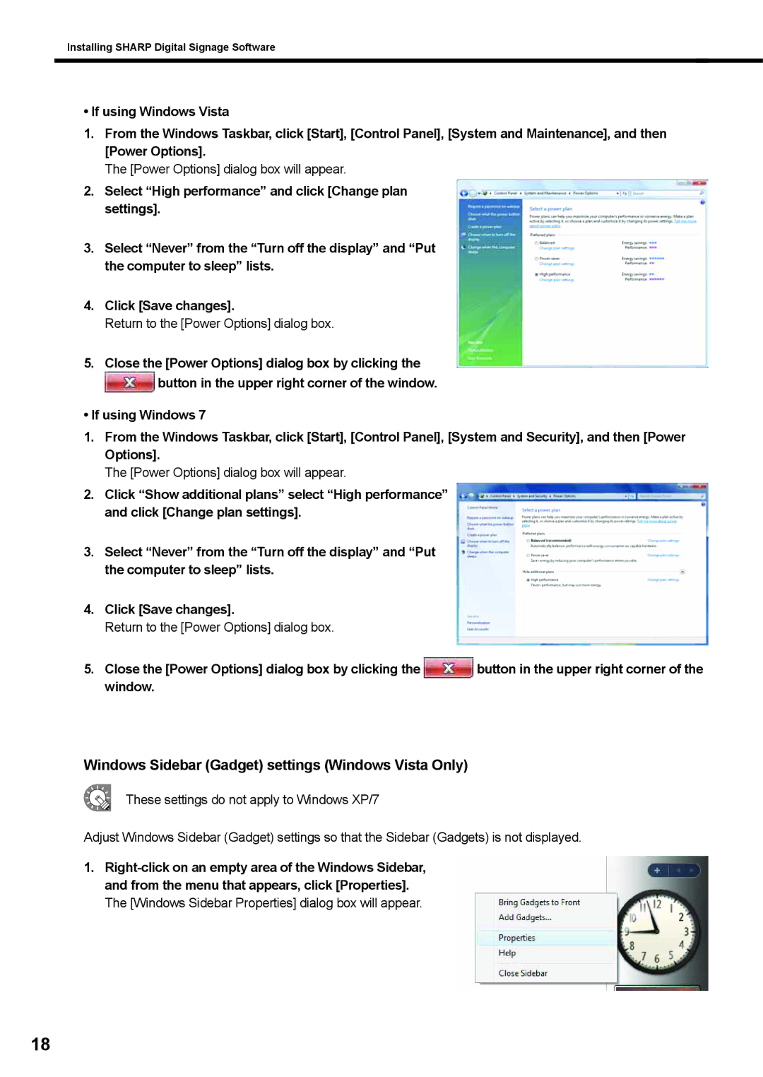 Sharp PNSV01 operation manual Windows Sidebar Gadget settings Windows Vista Only, Power Options dialog box will appear 