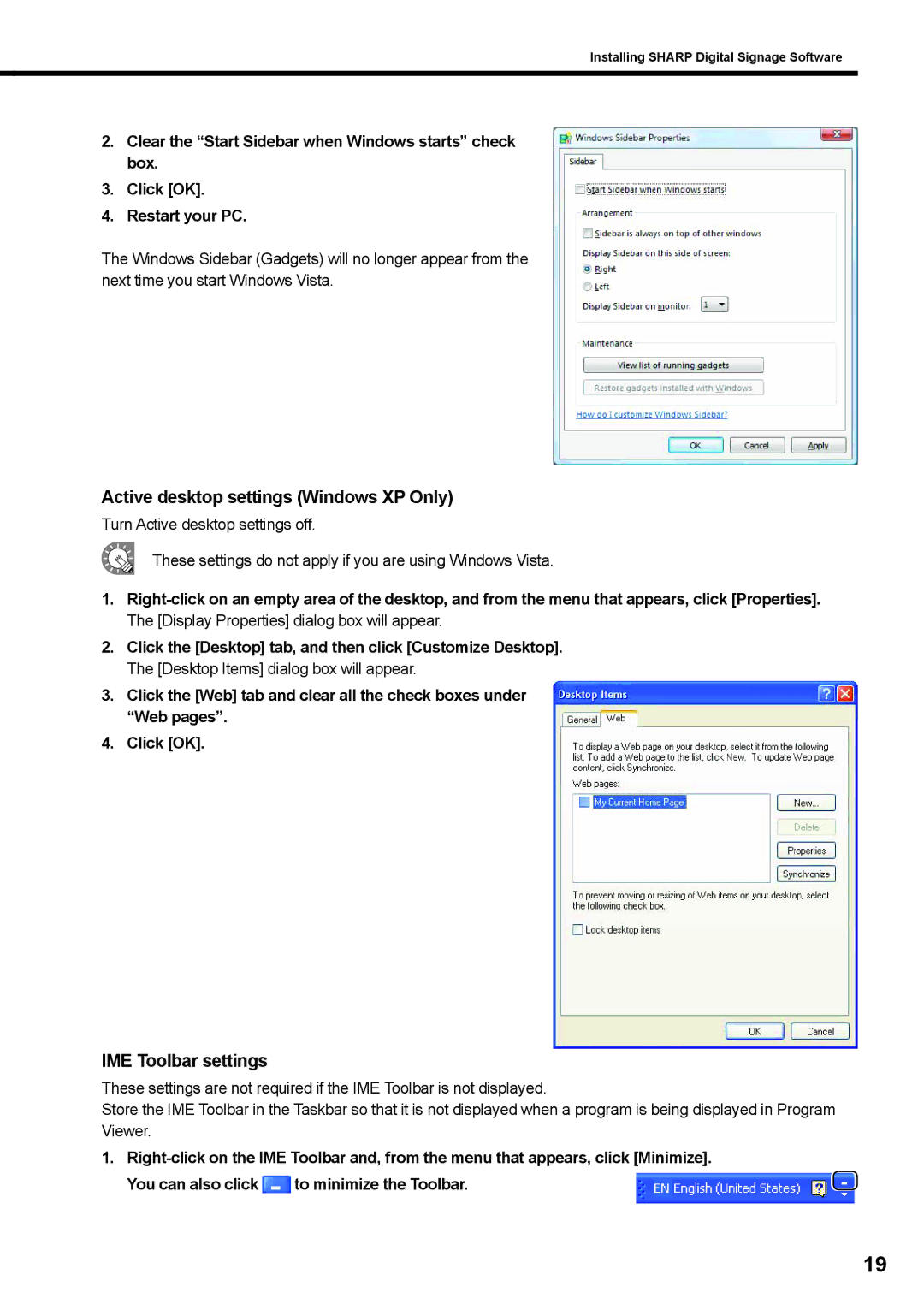 Sharp PNSV01 operation manual Active desktop settings Windows XP Only, IME Toolbar settings 