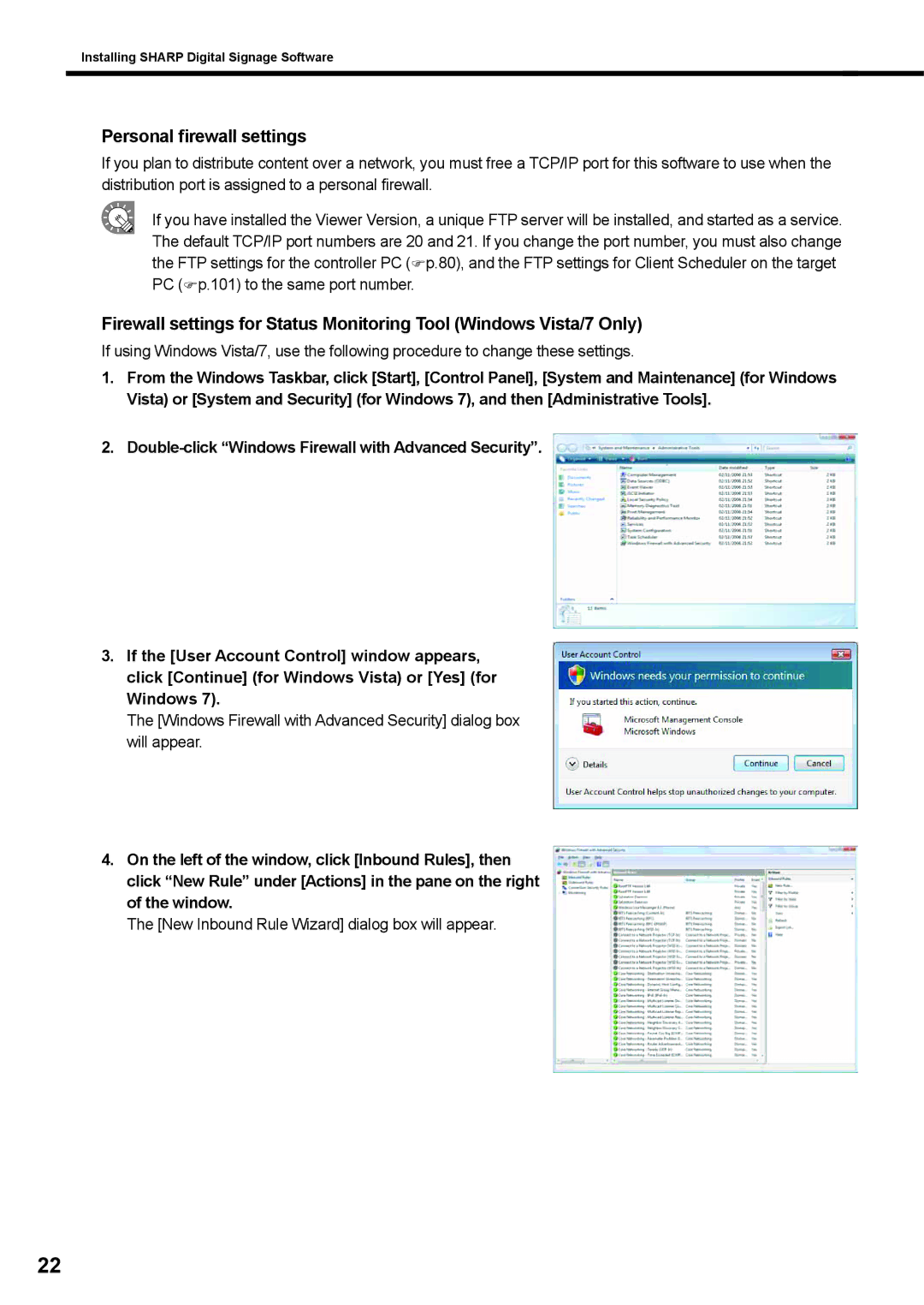 Sharp PNSV01 operation manual Personal firewall settings, New Inbound Rule Wizard dialog box will appear 